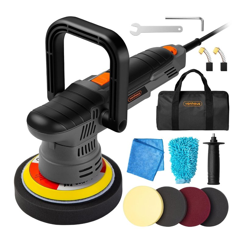 VonHaus Dual Action Car Polisher Kit, Random Orbit Polishing Machine, 650W Car Buffer, D, Side & Rubber Handles, 6 Variable Speeds 2800-6000RPM, with 4 Polisher Pads, Cloth and Storage Case