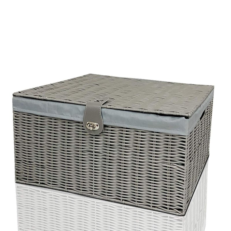 Clarisworld Resin Woven Hamper Basket Storage Chest Trunk Hamper/Kids Toy with Lid, Lock and Removable Lining, W49 x D35 x H22cm (Grey)