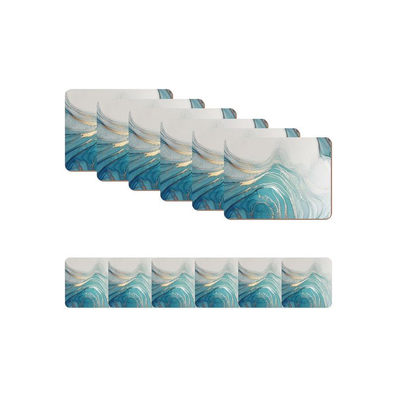 Placemats and Coasters Set of 6 - Printed Design, Heat Resistant, Waterproof, Non-Slip Cork Table Mats in Matte Finish, Elegant Placemats & Coasters for Cups, Mugs, Plates & Pans - Aqua Marble