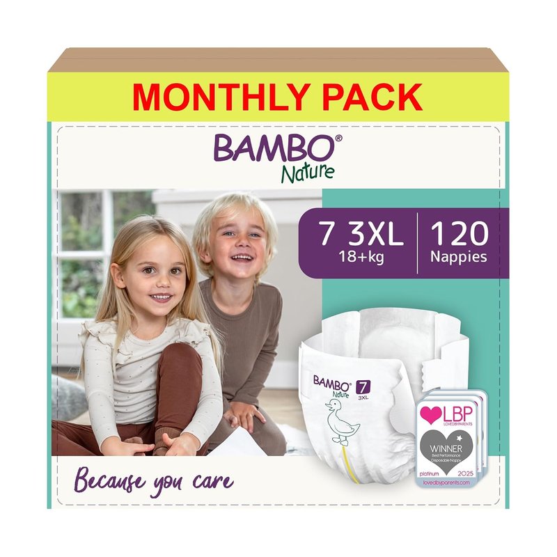 Bambo Nature Nappies Size 7 (18+kg), Box of 120 Disposable Nappies, Eco Nappy with Enhanced Leakage Protection, Secure Baby Nappy, Skin-Friendly for Ultimate Comfort