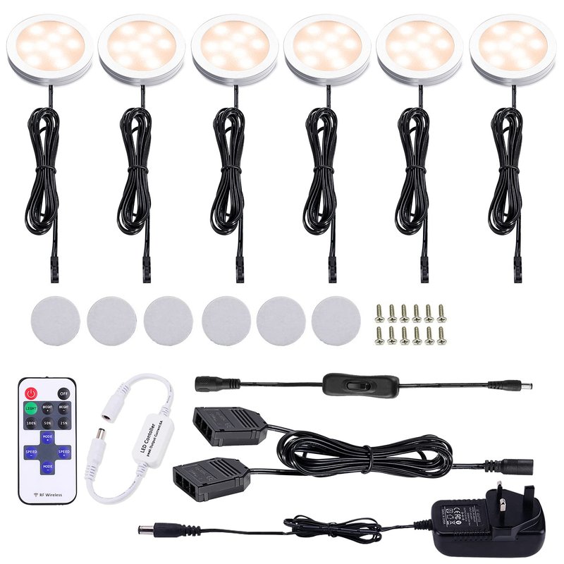 AIBOO Under Cabinet Kitchen Lights LED Wired 6 Pack with Remote,Dimmable Warm White Puck Lights Mains Hardwired and Pulg in Under Cupboard Lighting for Closet,Counter,Cupboard,Shelf