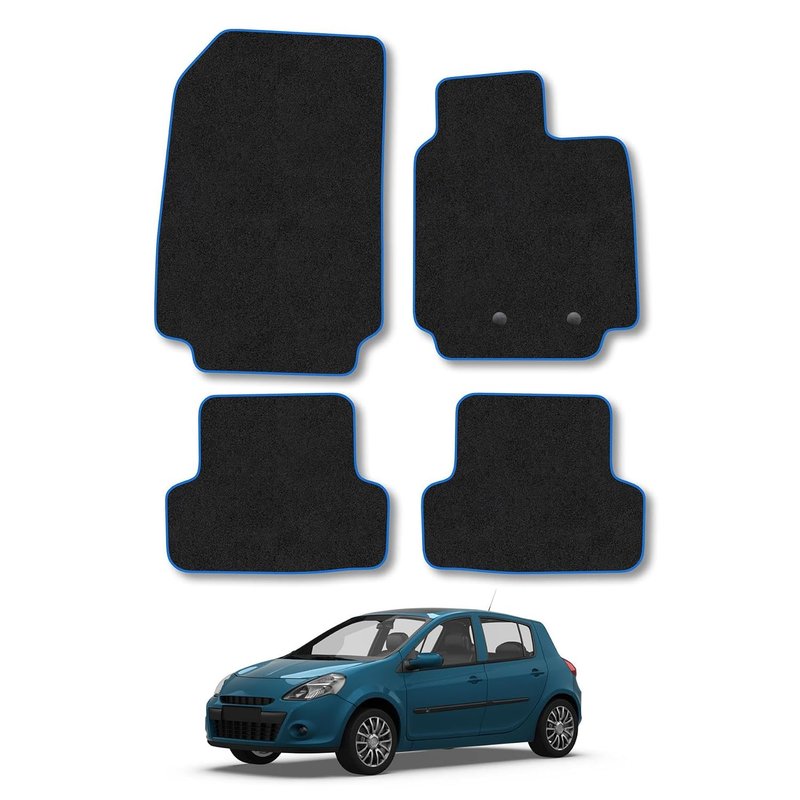 Compatible Car Mats with Renault Clio (2006-2013) Blue Trim Carpet Tailored Fit Car Floor Mats Set Accessory Custom Fit Water-Resistant Anti Slip Backing All Weather Full Coverage With Clips