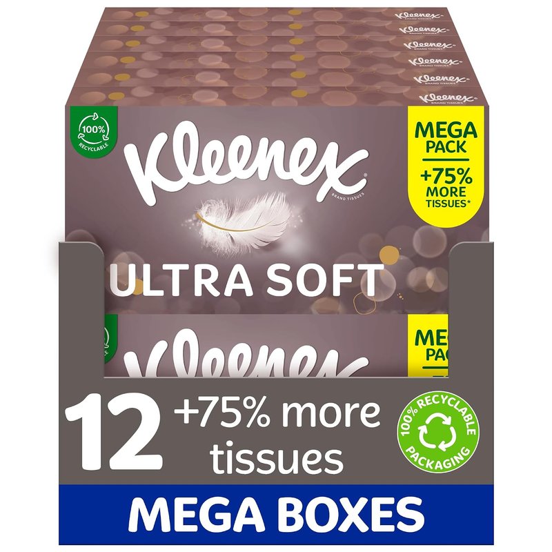 Kleenex® Ultra Soft Tissues Mega Pack - 1,344 Sheets (12 Boxes x 112 Sheets) -– Beautifully Soft and Silky Tissues