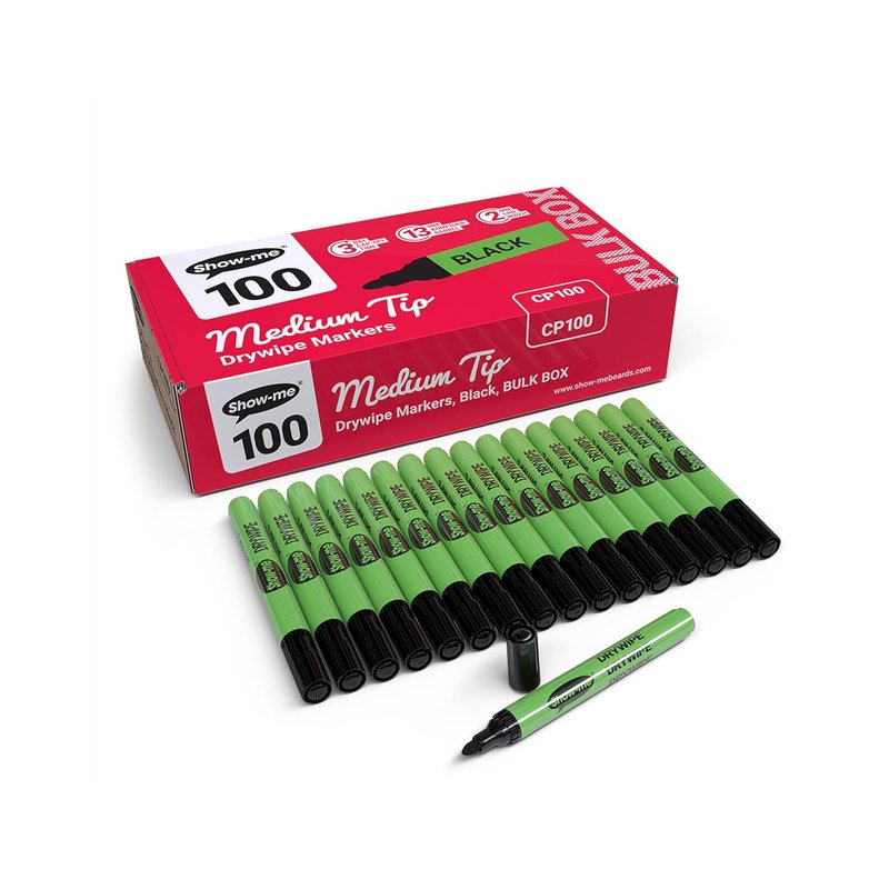 Show-me - Whiteboard Markers | Drywipe, Erasable Black Medium Tip 2mm Line | Classroom Board Writing Pens with 3-Day Cap-Off, Box of 100