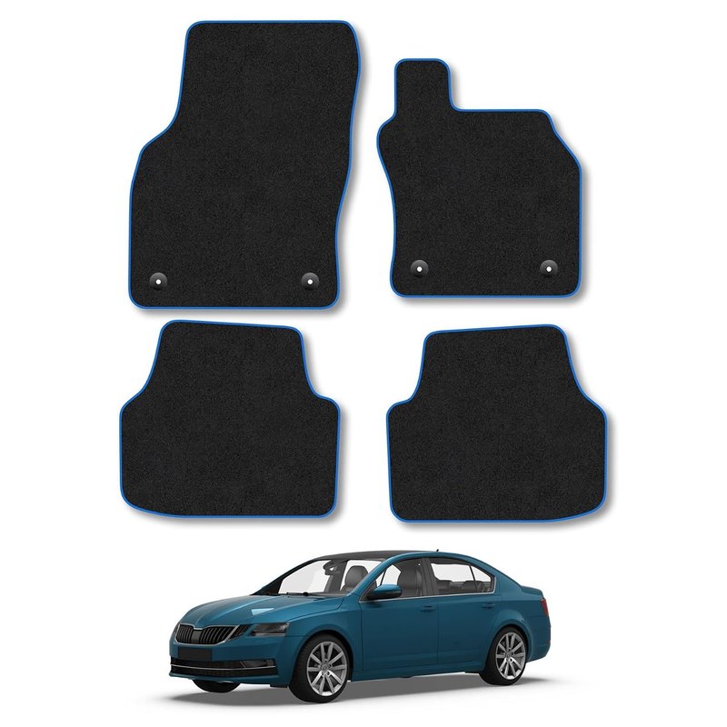 Skoda Octavia (2013-2020) Car Mats Accessories Tailored Fit Carpet Floor Mats Non Slip Blue Trim Full Coverage Compatible Accessory Granulated Backing Front Rear Set Anti Slip Hand-Finished Clips