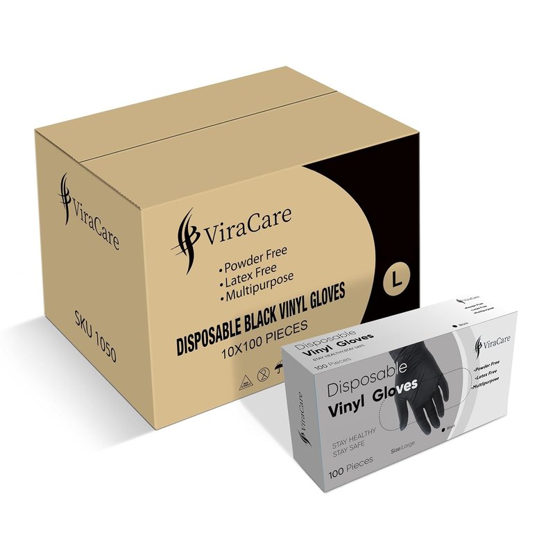 ViraCare 1000 x Black Disposable Gloves Large | Vinyl Gloves Disposable | Latex free Glove | Powder Free Glove | Strong And Non-Sterile | (Large, 10 Packs of 100)