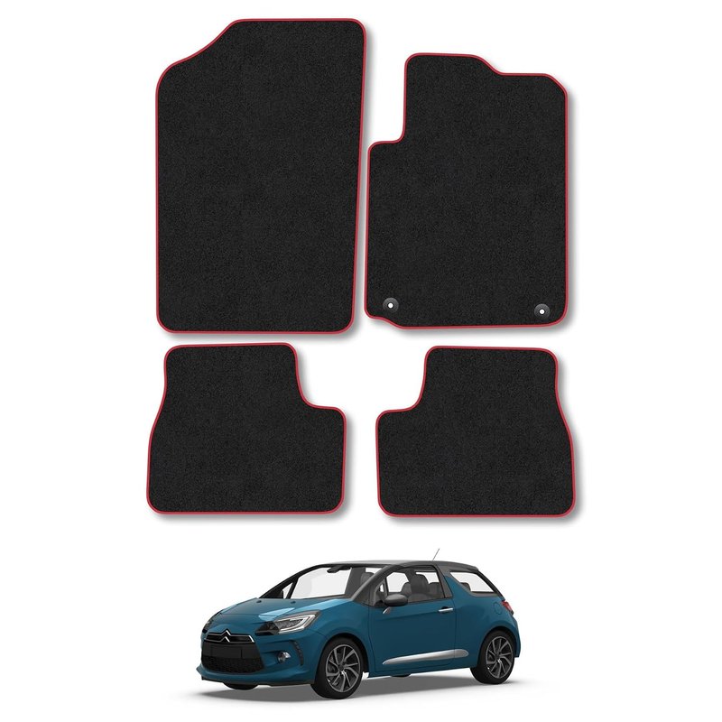 Citroen DS3 (2010-2016) Car Mats Accessories Tailored Fit Carpet Floor Mats Non Slip Red Trim Accessory Compatible Front Rear Set Anti Slip Backing Custom Fit Hand-Finished Full Coverage Clips