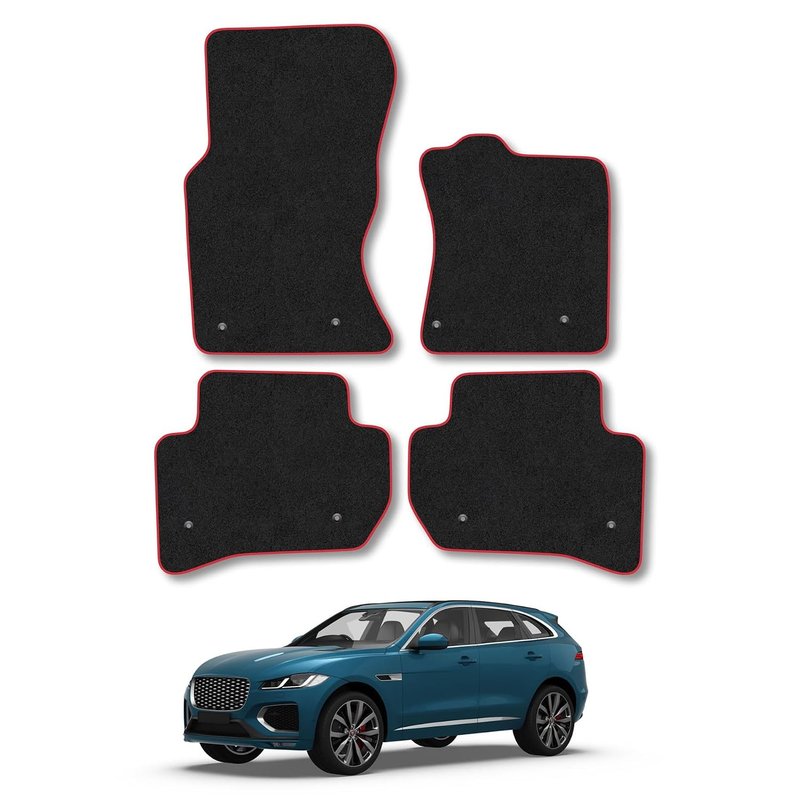 Jaguar F Pace (2016+) Car Mats Accessories Tailored Fit Carpet Floor Mats Non Slip Red Trim Accessory Compatible Front Rear Set Anti Slip Backing Custom Fit Hand-Finished Full Coverage Clips