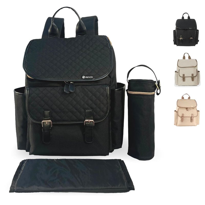 My Babiie Changing Bag Backpack - With Insulated Bottle Holder, Portable Changing Mat, Baby Travel Bag, Nappy Back Pack, 9 Pockets - Black Quilted