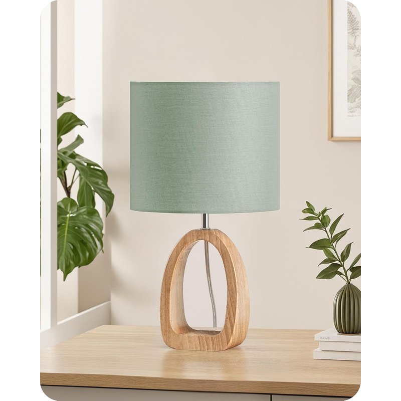 GOEBLESON Table Lamp, Wood Bedside Lamp with Ring-Shaped Base and Linen Lampshade, Modern Desk Lamp with Cable, E27 Base, 2700K LED Bulb Included, for Living Room, Bedroom, Sage Green ZMJ07TLK05N1