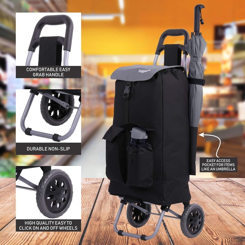 Hoppa Shopping Trolley on Wheels 42L Large Capacity - Lightweight Foldable Shopping Bag on Wheels | Insulated Grocery Trolley Bag | Waterproof | 2 Wheel Shopping Trolley with Pockets & Shoulder Strap