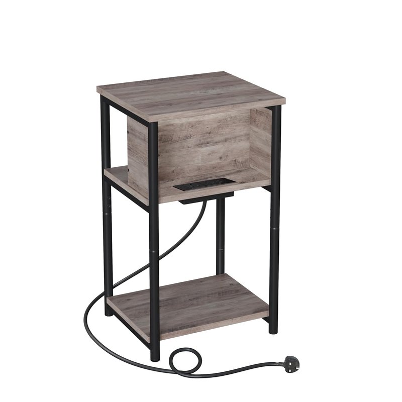 VASAGLE Slim Side Table with Charging Station, Narrow Bedside Table with 2 AC Outlets 2 USB Outlets, 30 x 34 x 58 cm, for Living Room, Bedroom, Heather Greige and Ink Black LET374B02