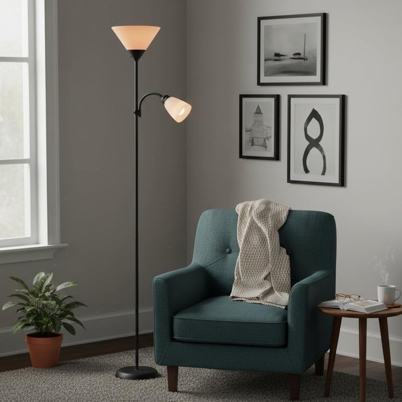 BURAKH Adjustable High Brightness Floor Lamp with 2 Reading Lights for Living Rooms, Bedrooms – Replace Halogen Standing Lamps with Efficient LED Office Lighting - Tall Pole (Black)