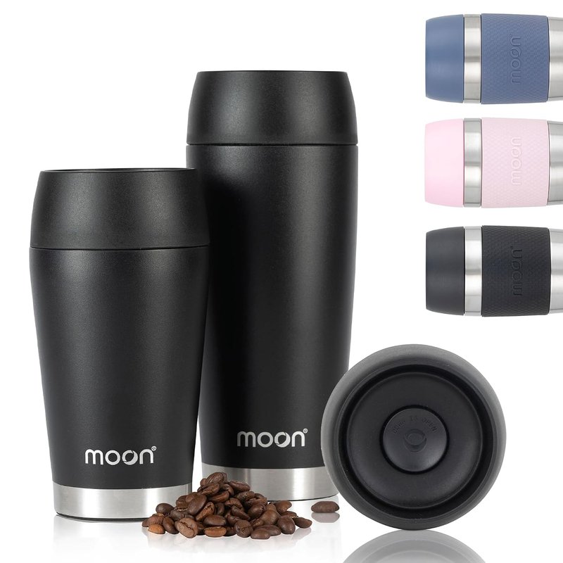 Moon 360° Travel Mugs - Leakproof Reusable Coffee Cup for Hot Drinks - Insulated Stainless Steel Thermal Mug, Fits Car Cup Holders (450ml, Powder Coat/Black)