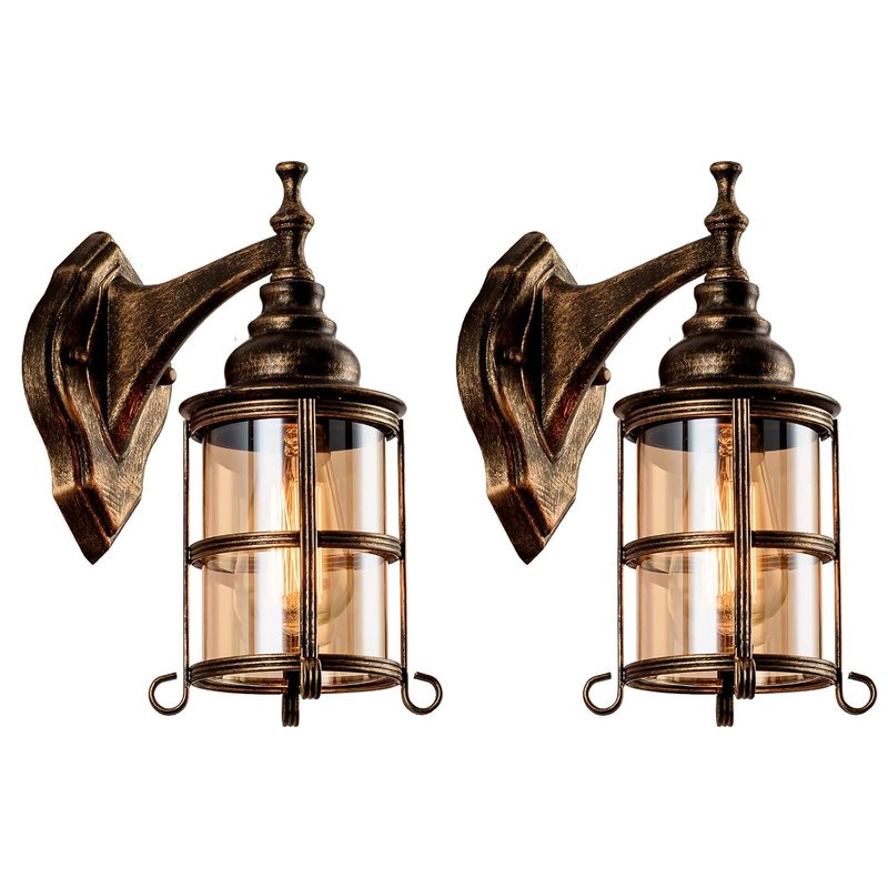 Plfann Rustic Amber Glass Wall Light 2-Pack, Bronze Brushed, Industrial Farmhouse Lamp Sconce Porch Lighting Waterproof Retro Lamp for Indoor Bedroom Living Room Outdoor（NO Bulb）