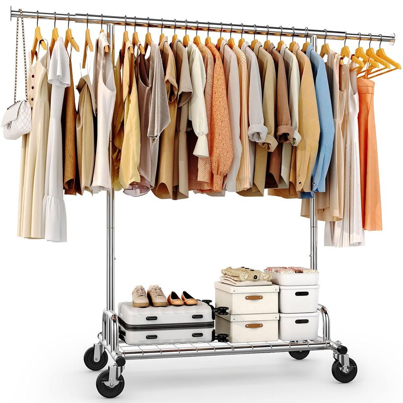 HOKEEPER Heavy Duty Clothes Rail 136kg (300lbs) Capacity, Extendable Hanging Rack with Lockable Wheels & Shelves, Space Saving for Bedroom, Small Apartment, Laundry Room, Silver