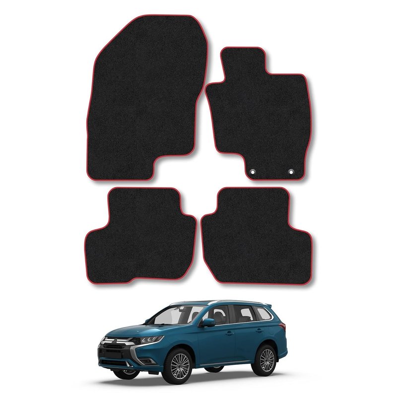 Car Mats Compatible With Mitsubishi Outlander PHEV (2014+) Red Trim Carpet Tailored Fit Car Floor Mats Set Accessory Custom Fit Water-Resistant Anti Slip Backing All Weather Full Coverage With Clips