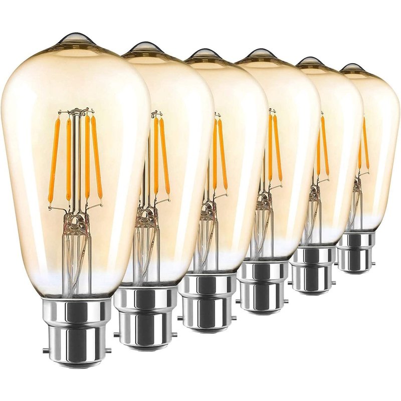 AidSci Vintage Edison Light Bulb LED, B22 Bayonet Cap ST64 Amber Glass Filament Bulb 4W (40W Equivalent) 400LM 2700K Warm White, Retro Antique Old Fashioned Style Edison Lamp, 6-Pack Golden Tinted