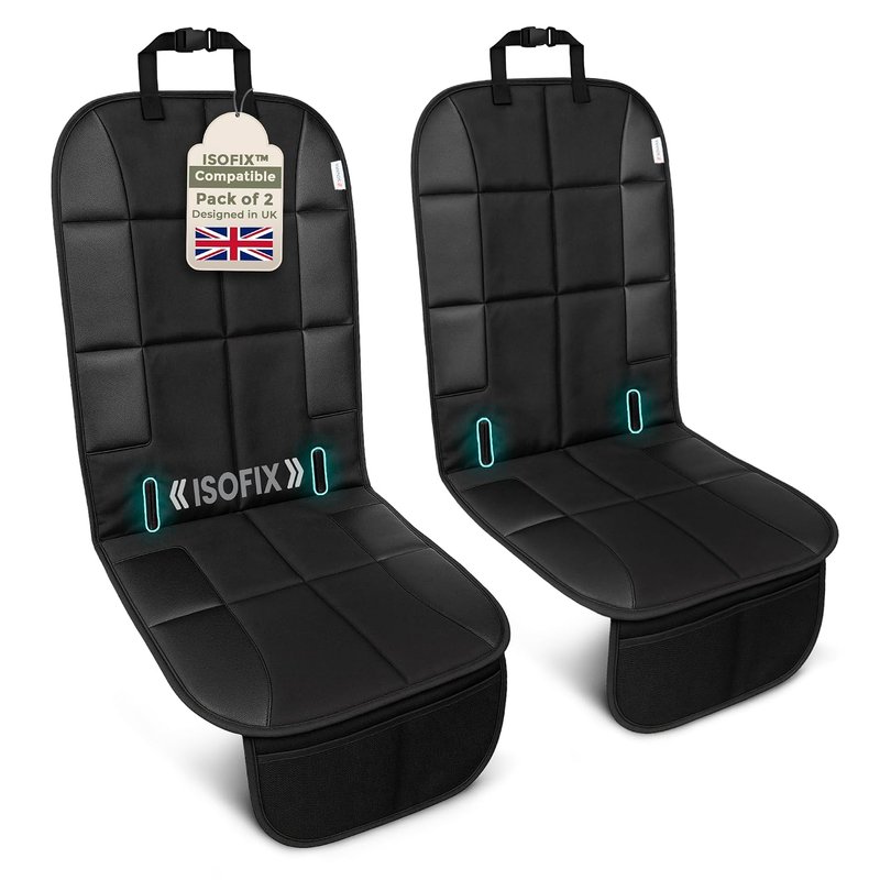SOVARA® Car Seat Protectors for Child Seats (2 Pack) – Customised for isofix car seats for 0-12 years, durable waterproof 600D fabric, car seat protector with 2 storage pockets for baby accessories