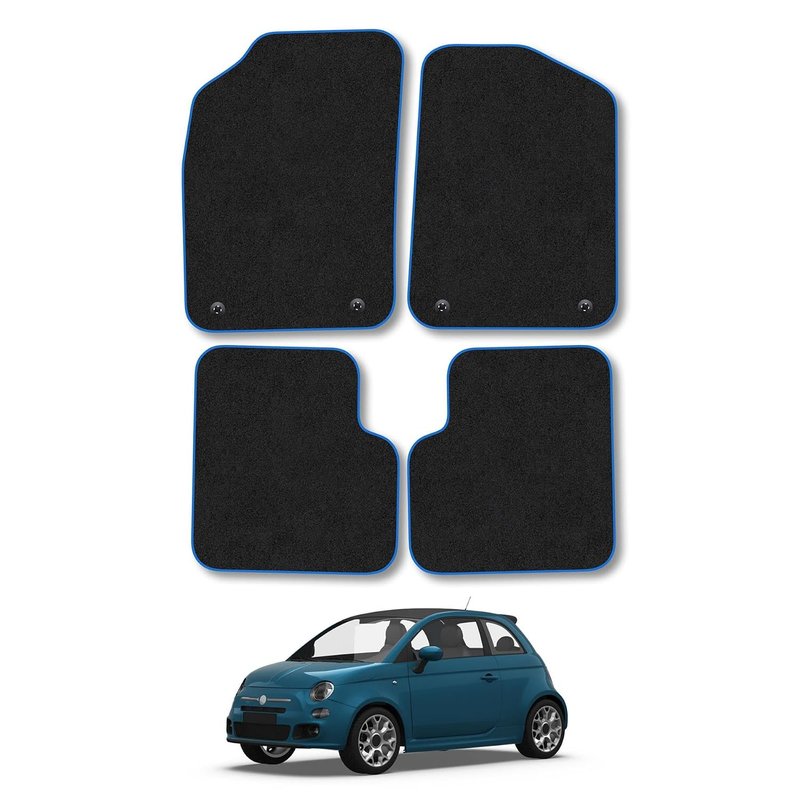 Fiat 500 (2013+) Car Mats Accessories Tailored Fit Carpet Floor Mats Non Slip Blue Trim Full Coverage Compatible Accessory Granulated Backing Front Rear Set Anti Slip Hand-Finished Clips