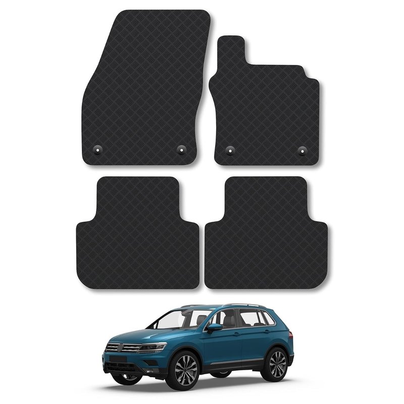 VW Tiguan (2016-2024) Rubber Car Mats Accessories Tailored Fit Compatible Accessory Waterproof Protection Non-Slip Floor Mats Full Coverage Durable Front Rear Set Coverage with Clips