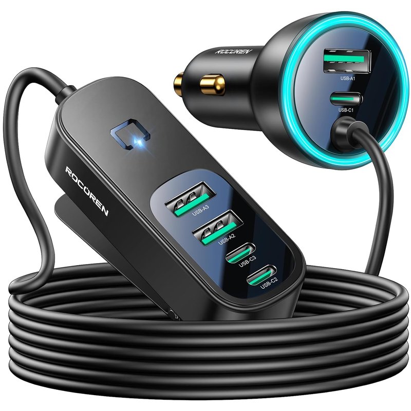 Rocoren Car Charger 105W, Car Van Accessories, 6 in 1 PD35W QC3.0 Fast Charge Multi USB C Car Charger Adapter with LED and 1.5m Cord for 12V-24V Socket Compatible with iPhone, Android, Laptop - Black