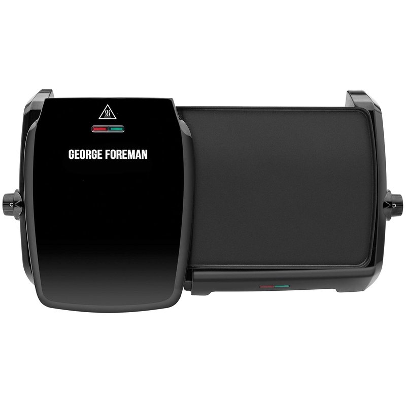 George Foreman Large Electric Grill & Griddle [Dual independent temperature control, Energy saving, Easy clean, Non stick, Healthy, Toastie, Hot plate, Panini, BBQ, Ready to cook light] Black, 23450