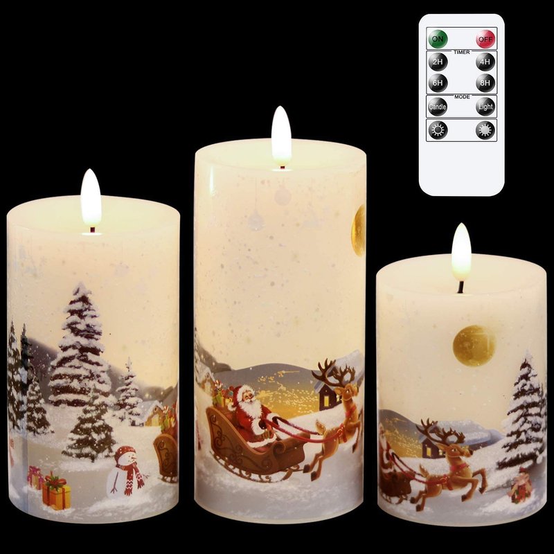 Eldnacele Christmas Flameless Candles Flickering with Remote Timer 3D Wick Snowman Stanta Scene Real Wax LED Candles for Christmas Home Decoration Powered by 2 AA Batteries, 3 Pack