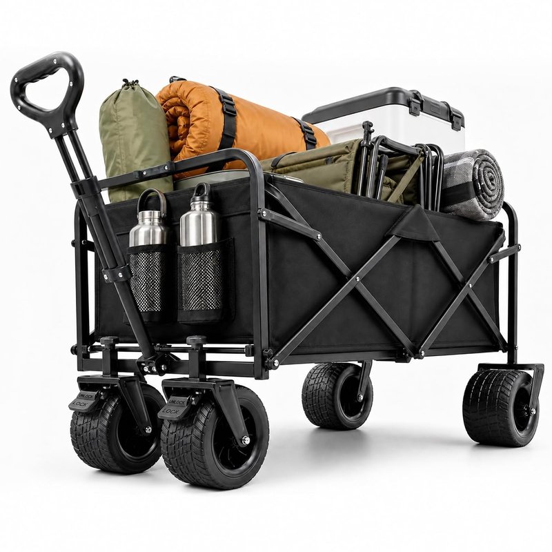 Handcart Foldable XXL with Brakes, 200L 160 kg All Terrain Hand Trolley - Extra Wide Tyres, Four Directions Foldable, Side Pocket & Drink Holder for Camping, Beach, Garden and Shopping, Black