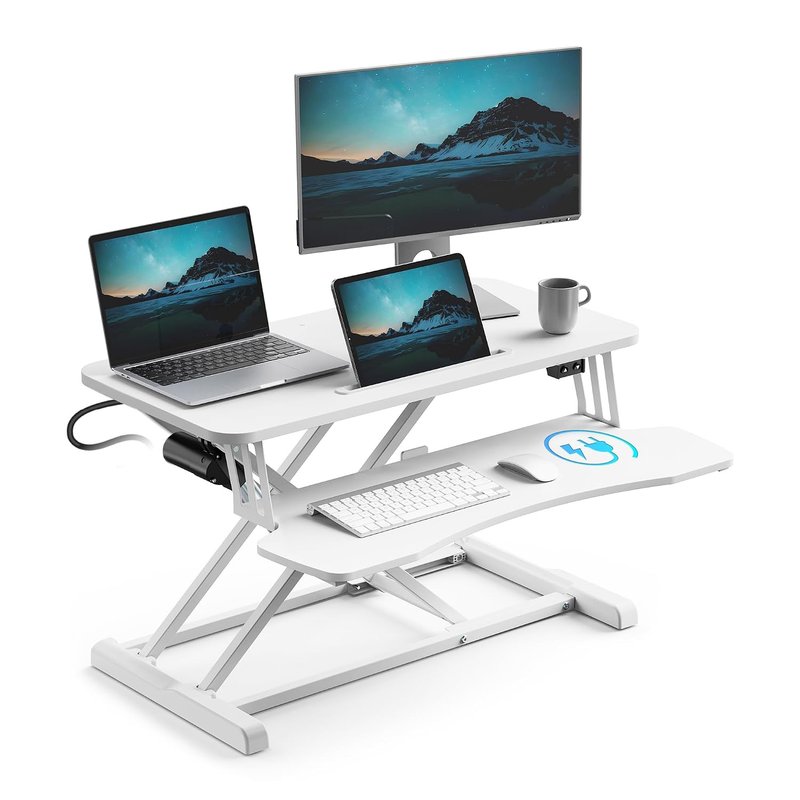 VonHaus Electric Standing Desk Converter, Height Adjustable Two Tier Computer Workstation w/Keyboard Shelf, Dual Monitor Sit Stand Riser w/Controls & Tablet Holder, 80x40cm & 20kg Capacity (White)
