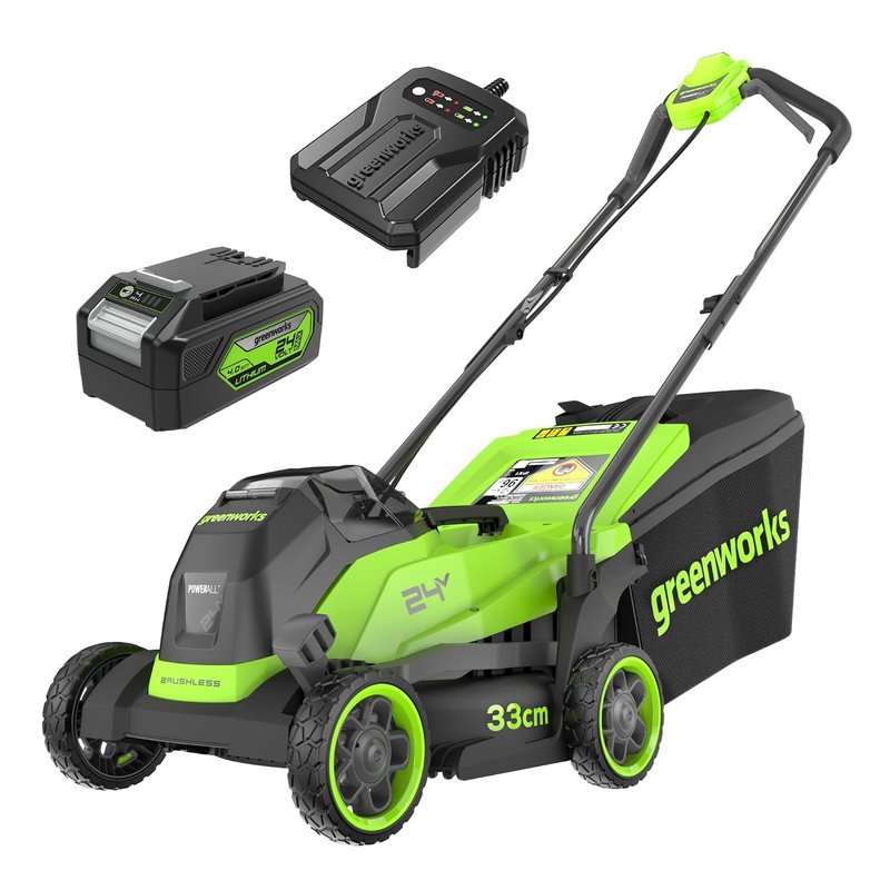 Greenworks MO24L411-01 24V Cordless Lawn Mower with Brushless Motor, Cutting Width 33 cm, Bag of 30 L, Electric Lawn Mower Included 24V 4Ah Battery and Charger, 3 Year Warranty