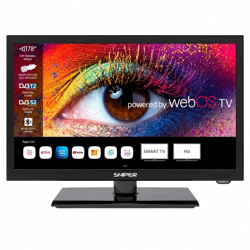 Sniper 22″ SMART LED Camping TV – webOS – Bluetooth 5.0, Wifi, Freeview Tuner, Satellite Tuner, Streaming & Catchup, 3 x HDMI, 2 x USB, Multimedia player, HD