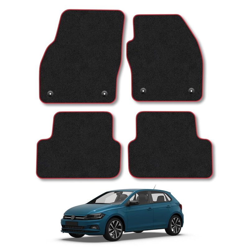 Car Mats Compatible with VW Polo (2018+) Red Trim Carpet Tailored Fit Car Floor Mats Set Accessory Custom Fit Water-Resistant Anti Slip Backing All Weather Full Coverage With Clips Hand-Finished
