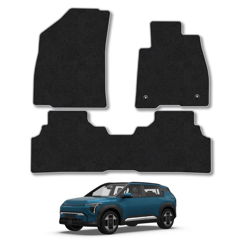 Kia [EV3] (2024+) Car Mats Accessories Tailored Fit Carpet Floor Mats Non Slip Grey Trim Accessory Compatible Front Rear Set Anti Slip Full Coverage Granulated Backing Hand-Finished Clips