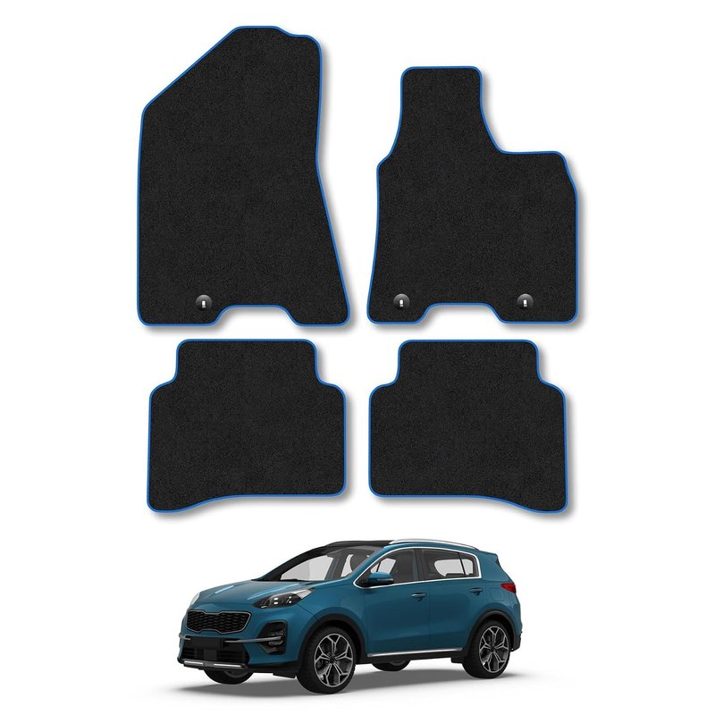 Kia Sportage (2016-2021) [Hook Fixing] Car Mats Accessories Tailored Fit Carpet Floor Mats Non Slip Blue Trim Full Coverage Compatible Accessory Granulated Backing Front Rear Set Anti Slip Clips
