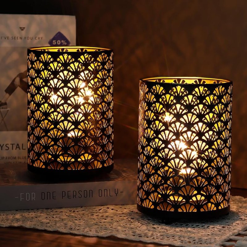 TRIROCKS Set of 2 Battery Operated Table Lamp 12cm x 16cm Metal Cordless Bronze Lanterns with Warm Lights Bulb for Patio Wedding Parties Indoor Outdoor (Scalloped Hollow Pattern)