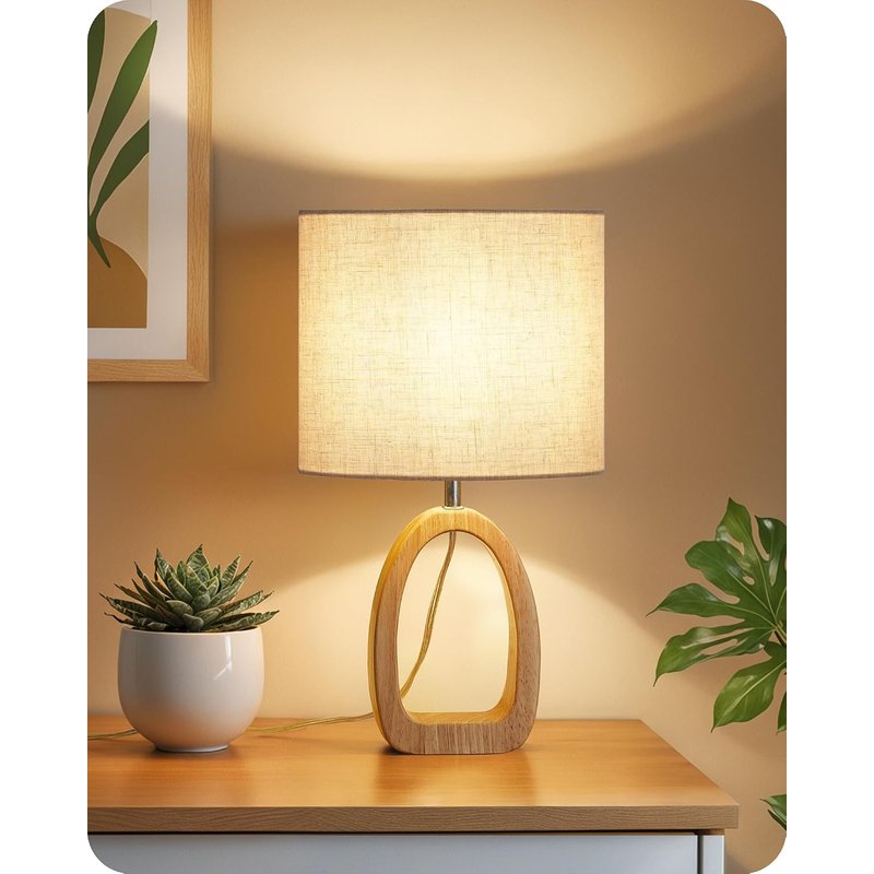GOEBLESON Table Lamp, Wood Bedside Lamp with Ring-Shaped Base and Linen Lampshade, Modern Desk Lamp with Cable, E27 Base, 2700K LED Bulb Included, for Living Room, Bedroom, Beige ZME07TLK05N1