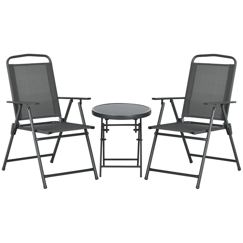 Outsunny Garden Bistro Set, 3 Pieces Table and Chairs Set, Outdoor Garden Furniture with Foldable Breathable Mesh Fabric Armchairs & Glass Top Coffee Table, Dark Grey
