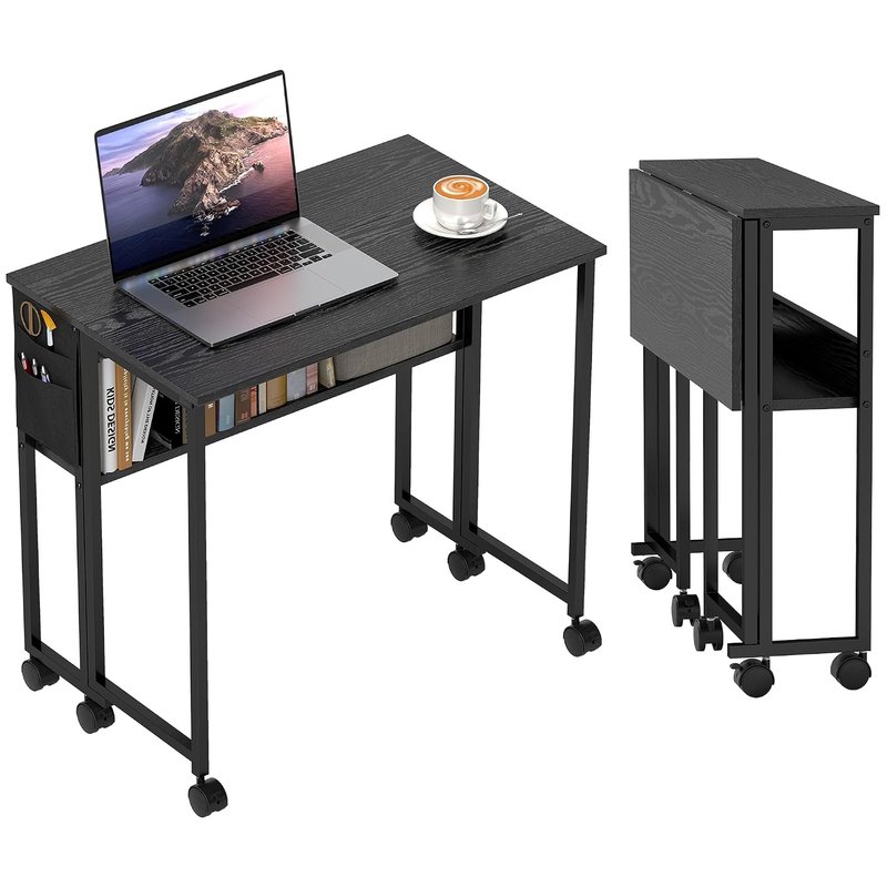 HOMCOM Folding Desk with Storage Shelf and Bag, 80 cm Foldable Computer Desk for Small Spaces, Space Saving Writing Table on Wheels for Home Office, Bedroom, Easy Assembly, Black