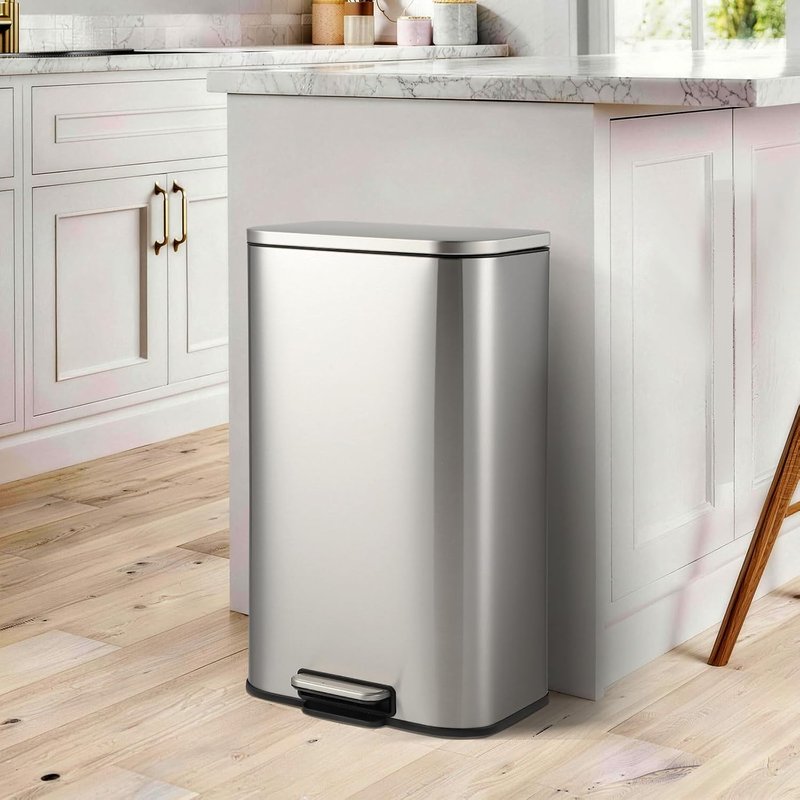 Aptliton 30L/8 Gallon Stainless Steel Pedal Bin with Quiet Soft Close Lid, 90° Stay-Open Design, Removable Inner Bucket, Slim Kitchen Waste Bin for Home Office Pantry Bathroom, Silver