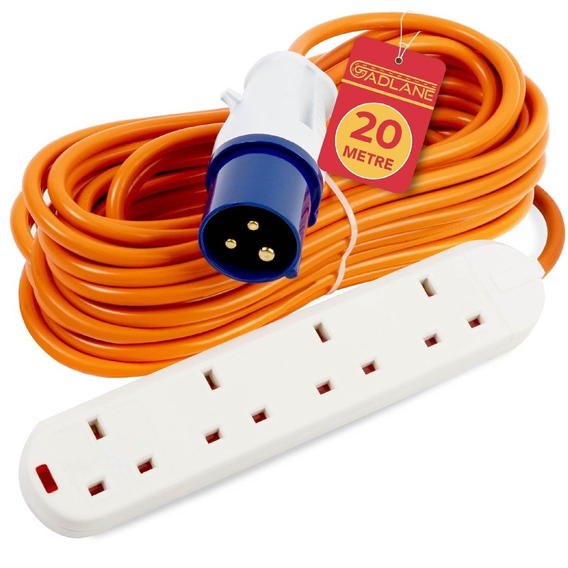 GADLANE Camping Electric Hook Up Cable - Heavy Duty 20 Metre, 4 Gang Electric Hook Up for Camping, Mobile Homes, Refrigerated Vehicles - High Visibility 16A Caravan Extension Lead (20M)
