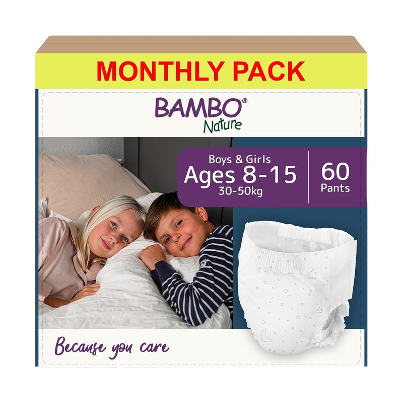 Bambo Nature Dreamy Night Pants Nappies, (Children Aged 8-15, 35-50kg), 60PK Pull Up Pants, Eco Nappies Keep Beds Dry All Night, Pull Ups Training Nappy, Secure, Comfortable, Potty Training