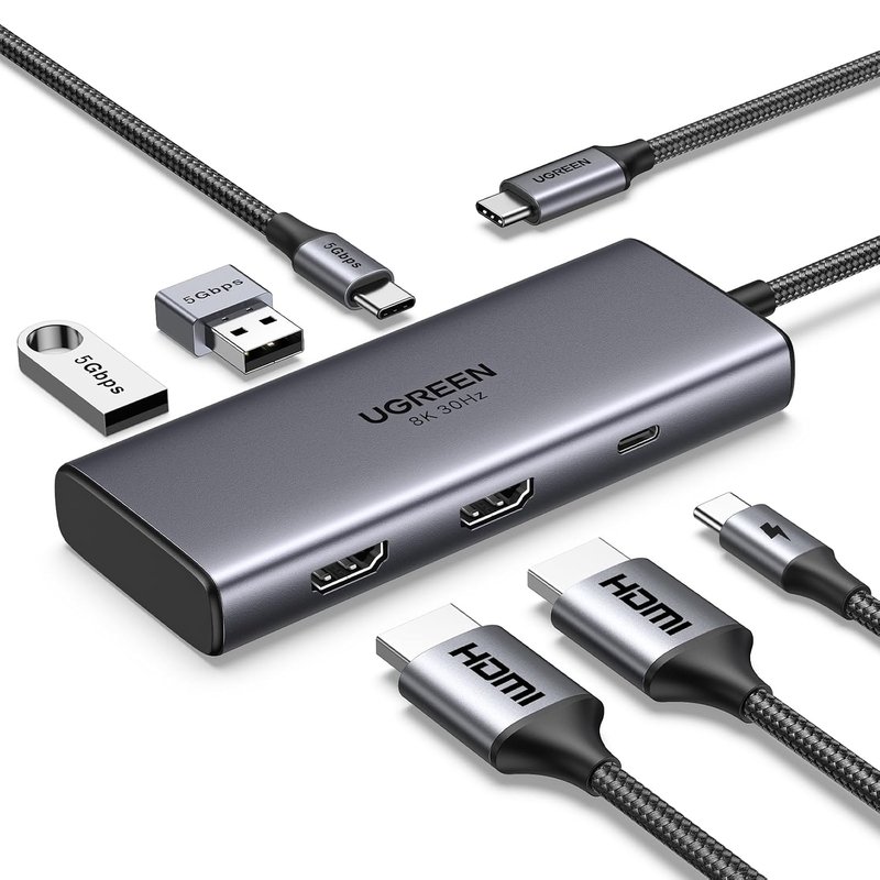 UGREEN Laptop Docking Station Dual Monitor, Revodok 206 USB C Hub, Dual 4K@60Hz HDMI, Single 8K, 100W PD, 3x 5Gbps USB-A/C Data, Aluminum USB-C Dock for Dell, HP(6-in-1)