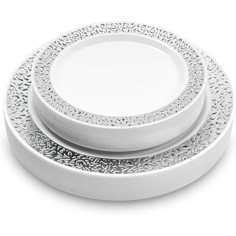 MATANA 40 Premium White Plastic Plates with Silver Lace Rim - 20 Dinner and 20 Dessert Plates - Elegant & Reusable Party Tableware for Weddings, Birthdays, Picnic, Parties