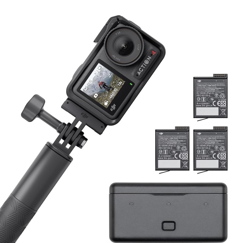 DJI Osmo Action 4 Adventure Combo - 4K/120fps Waterproof Action Camera with a 1/1.3-Inch Sensor, 10-bit & D-Log M Color Performance, 155° FOV, Up to 7.5 h with 3 Extra Batteries, Outdoor Camera