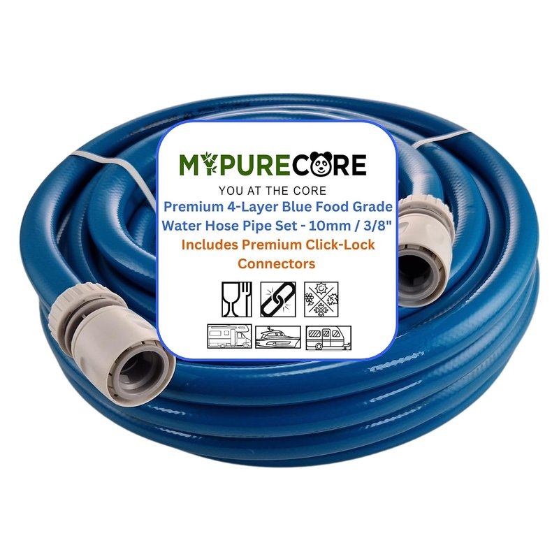 MYPURECORE Blue 10mm 3/8" Cold Water Hose Pipe – Premium Food Grade Drinking Water Hose with Connectors – Flexible PVC Tubing for Caravan, Motorhome, Campervan, Boat & Garden – Non-Toxic & Safe (10m)