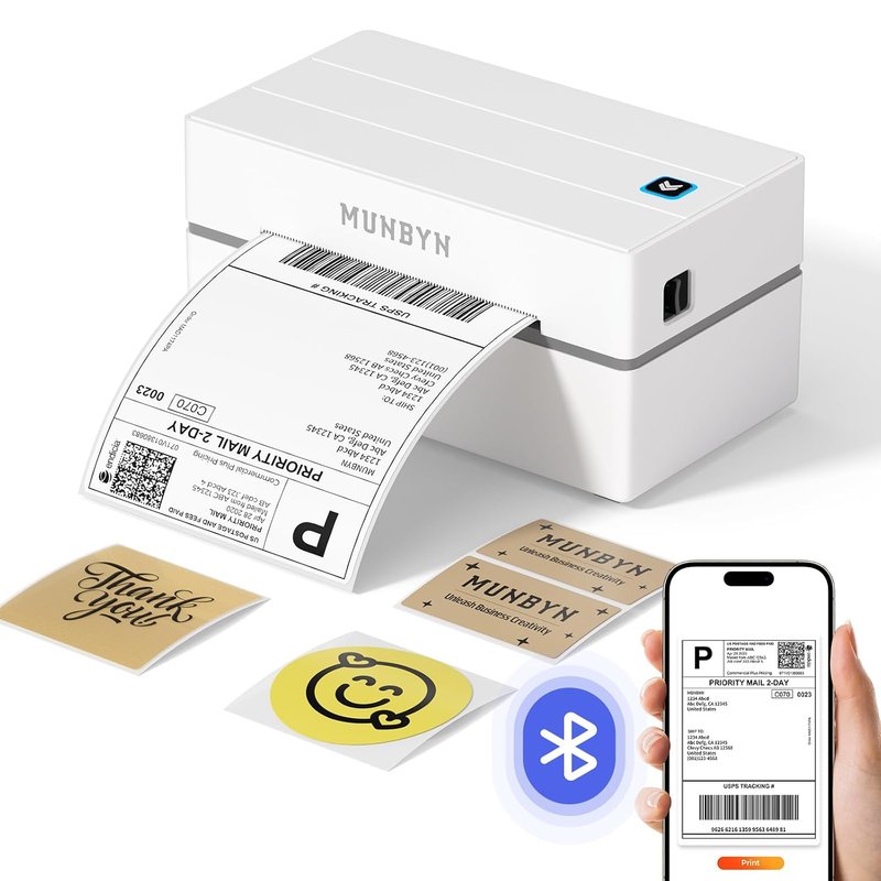 MUNBYN Shipping Label Printer Bluetooth, Postage Thermal Label Printer 4x6 for Business, Compatible with Etsy, Shopify, Amazon, Royal Mail, DHL, DPD, Evri, with 25 Labels, 130B, White