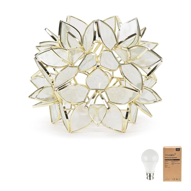 ValueLights | Clear Easy Fit Glass Flower Pendant Ceiling/Table Lampshade | Lamp Shades, Home Décor & Improvement Essential | Includes Bulb [3000K Warm White] | 21cm Shade Width