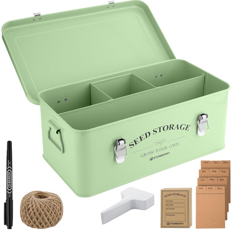 STOWBERRY Seed Storage Box Organiser – Garden Seeds Tin with Lid, Handles, 4 Compartments & Safety Lock – Seed Box for Gardeners with Over 100 Accessories – Perfect Gardening Gifts for Men and Women