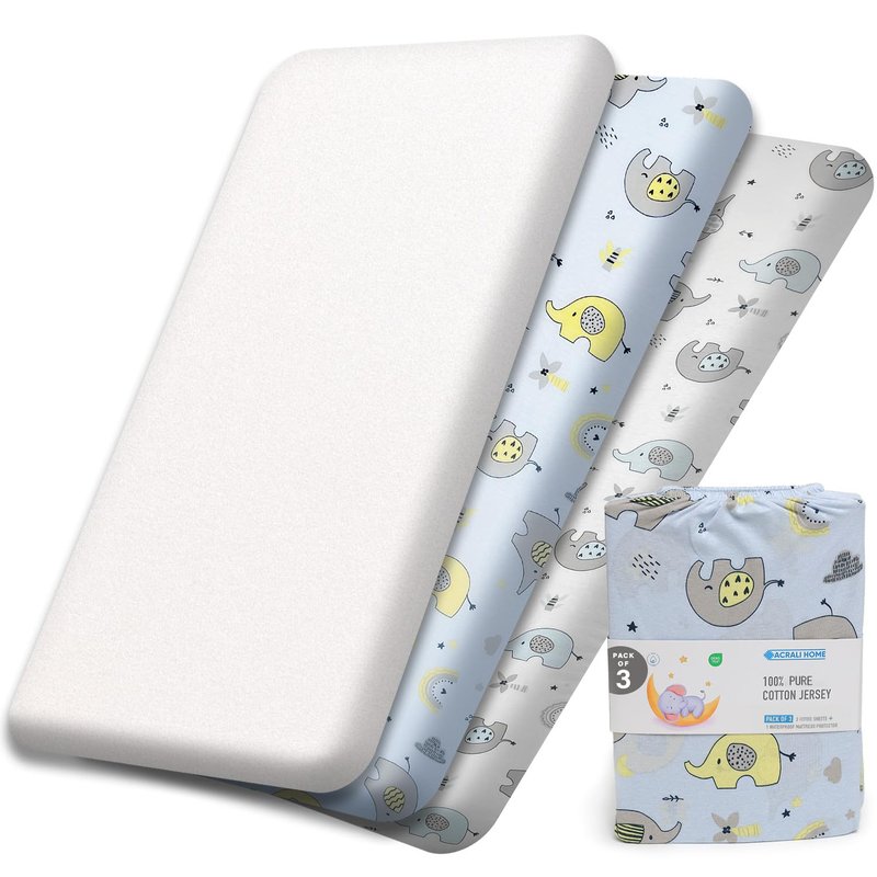 Next to Me Crib Sheets 55x90 cm - 3 Pack, 1 Waterproof Crib Mattress Protector - 2 Fitted Sheets 100% Pure Cotton UltraSoft Baby Bedding Fits Chicco, Joie, Tutti Bambini, Maxi, Cozee